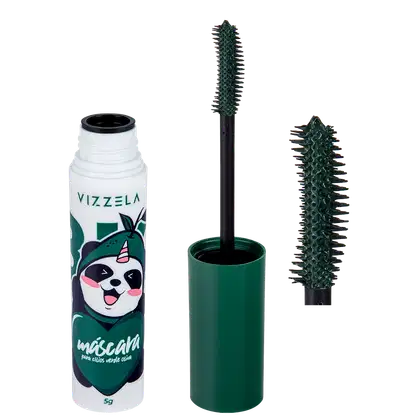 Embalagem verde escuro com ilustração de panda com chifre de unicórnio. Contém escova de rímel preta. Rótulo com nome da marca "Vizzela" e texto "máscara para cílios verde oliva" em verde.