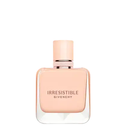 Frasco de perfume Givenchy Irresistible, com design elegante e minimalista em tons de rosa claro e detalhes em metal. O rótulo destaca o nome da fragrância em letras pretas.