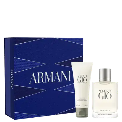 Conjunto de produtos de perfumaria da marca Giorgio Armani, incluindo um frasco de Acqua di Gio Eau de Toilette e um tubo de Acqua di Gio All-Over Body, apresentados em uma caixa azul escura com detalhes em branco.