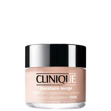 Frasco de hidratante facial Clinique Moisture Surge 100H Auto-Replenishing Hydrator, com embalagem preta e branca, destacando o nome da marca e as principais características do produto.