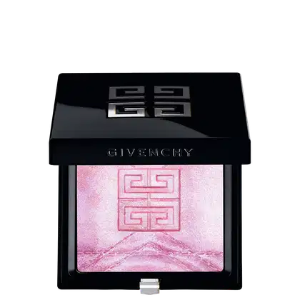 Iluminador em Pó Givenchy Prisme Libre Highlighter, com caixa preta com logotipo Givenchy em relevo e conteúdo com marcação do logo e desenho de pesponto e geométrico