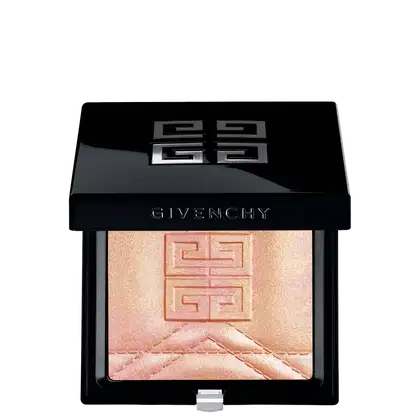 Iluminador em Pó Givenchy Prisme Libre Highlighter, com caixa preta com logotipo Givenchy em relevo e conteúdo com marcação do logo e desenho de pesponto e geométrico