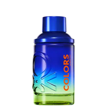 Frasco de perfume Benetton de design moderno, com tonalidades azul e verde, destacando o nome da marca em laranja. O recipiente possui formato cilíndrico com tampa arredondada, transmitindo uma imagem elegante e sofisticada do produto.