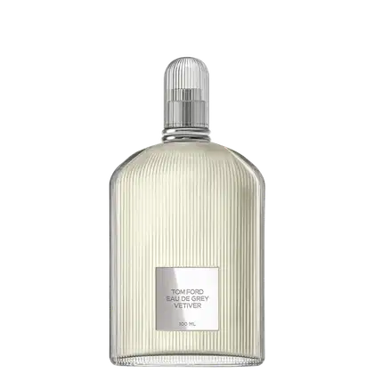 Frasco de perfume Tom Ford Eau de Grey Vetiver, com design de vidro estriado e tampa prateada. Rótulo branco com o nome da fragrância em letras pretas. Embalagem elegante e minimalista, com volume de 100 ml.