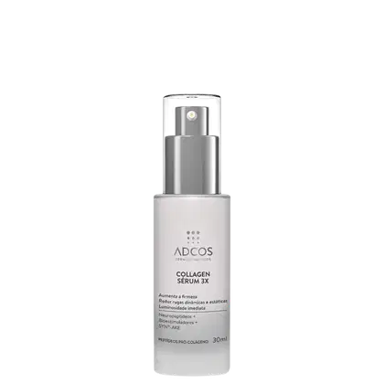 Frasco de sérum de colágeno 3X da marca Adcos, com embalagem branca e prata, contendo 30ml do produto. O rótulo destaca os benefícios, como aumento da firmeza, redução de rugas e luminosidade imediata.