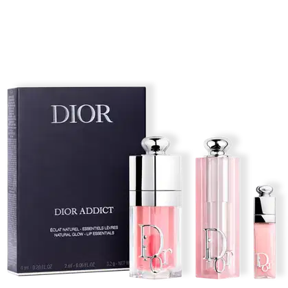 Conjunto de produtos de beleza da marca Dior, incluindo o balm Dior Addict Lip Glow e o gloss Dior Addict Lip Maximizer, com embalagens em tom rosa.  A seleção inclui também um mini-gloss na tonalidade rosa.