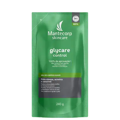 Refil de gel de limpeza suave Mantecorp Glycare Control 240g em embalagem verde com painel cinza, indicado para pele oleosa, acneica e sensível.