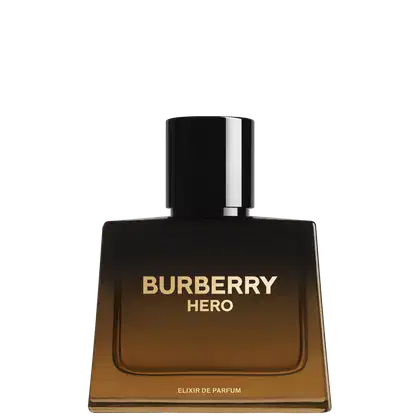 Frasco  preto e dourado em gradiente com rótulo em letras douradas exibindo o texto "BURBERRY HERO".