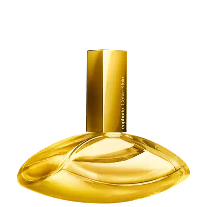 Frasco de item de perfumaria dourado com tampa retangular, contendo texto "euphoria Calvin Klein" em letras douradas. O frasco possui formato arredondado e brilhante, com superfície lisa e curvas suaves.