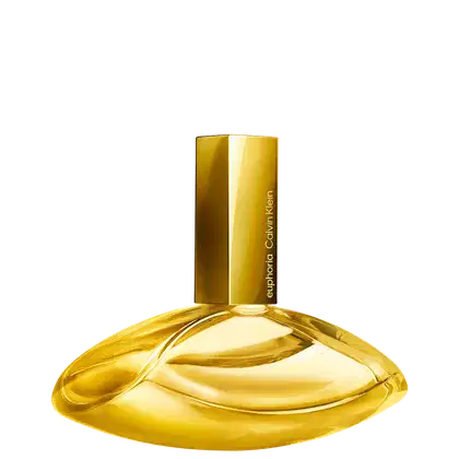 Frasco de item de perfumaria dourado com tampa retangular, contendo texto "euphoria Calvin Klein" em letras douradas. O frasco possui formato arredondado e brilhante, com superfície lisa e curvas suaves.