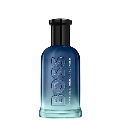 Frasco de item de perfumaria azul escuro com degradê para azul claro. O rótulo exibe o nome da marca "Boss" em letras brancas. O frasco possui formato cilíndrico com tampa preta.