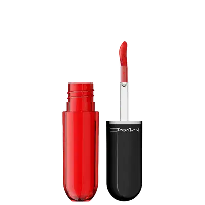 Lip tint da marca M·A·C: um frasco de vidro e um aplicador de batom preto com a marca impressa. O frasco contém um produto líquido.