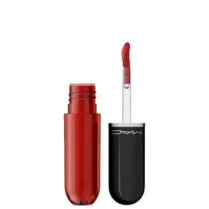 Lip tint da marca M·A·C: um frasco de vidro e um aplicador de batom preto com a marca impressa. O frasco contém um produto líquido.