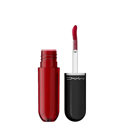 Lip tint da marca M·A·C: um frasco de vidro e um aplicador de batom preto com a marca impressa. O frasco contém um produto líquido.