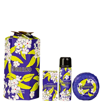 Conjunto de item de perfumaria da marca Phebo com embalagem em caixa e frasco decorados com flores brancas e folhas amarelas sobre fundo roxo, com rótulo com o nome da marca e fragrância "Verbena Tropical".