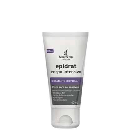 Bisnaga branca com rótulo da marca Mantecorp Skincare contendo o texto "epidrat corpo intensivo" e informações sobre hidratação corporal para peles secas e sensíveis.