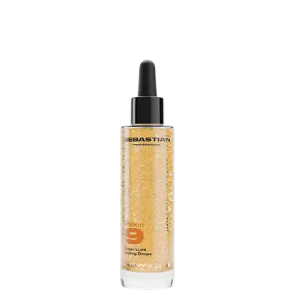 Frasco conta-gotas de Sebastian Professional, com líquido dourado brilhante e rótulo preto com texto em amarelo.
