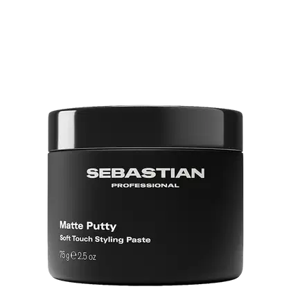Pote preto de pasta modeladora da marca Sebastian Professional, com texto branco "Matte Putty Soft Touch Styling Paste" em rótulo.