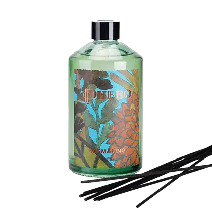 Frasco com design floral em tons de verde, azul e laranja, com rótulo destacando a marca "Phebo" e a palavra "Rosmarino".