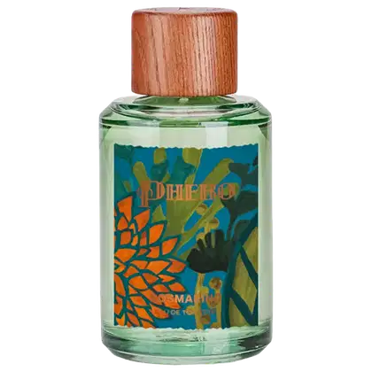 Frasco de vidro verde com tampa de madeira, rótulo com padrão colorido e texto "Phebo", item de perfumaria com design moderno e natural.