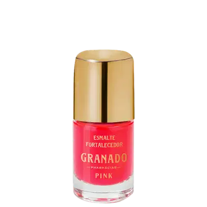 Frasco de esmalte da marca Granado, com tampa dourada, rótulo com texto "Esmalte Fortalecedor ".