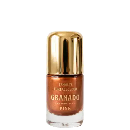 Frasco de esmalte da marca Granado, com tampa dourada, rótulo com texto "Esmalte Fortalecedor ".