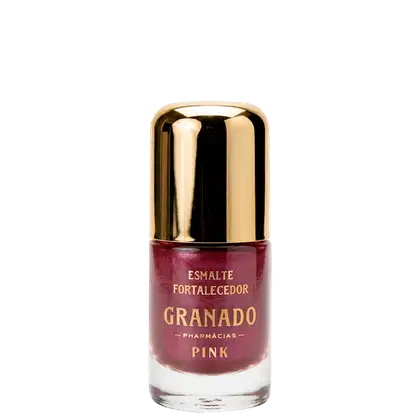 Frasco de esmalte da marca Granado, com tampa dourada, rótulo com texto "Esmalte Fortalecedor ".