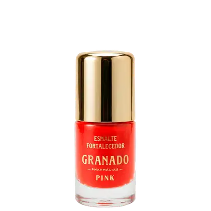 Frasco de esmalte da marca Granado, com tampa dourada, rótulo com texto "Esmalte Fortalecedor ".