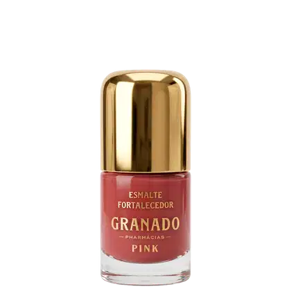 Frasco de esmalte da marca Granado, com tampa dourada, rótulo com texto "Esmalte Fortalecedor ".