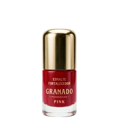 Frasco de esmalte da marca Granado, com tampa dourada, rótulo com texto "Esmalte Fortalecedor ".