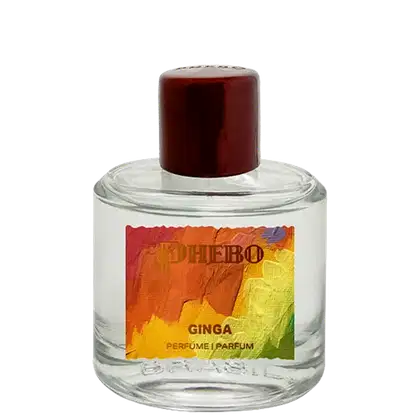 Frasco de item de perfumaria da marca Phebo, com rótulo em fundo colorido com pinceladas de verde, laranja e amarelo, contendo a palavra "Ginga" em destaque.