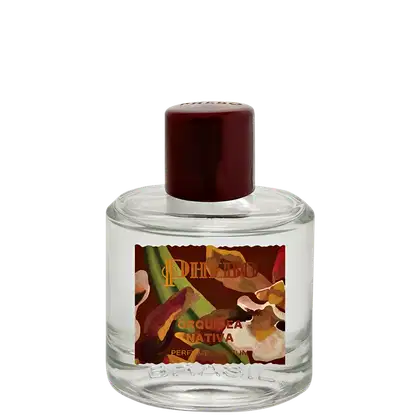 Frasco de perfume Phebo Orquídea Nativa, com tampa vermelha e rótulo com ilustrações em tons de marrom e verde, apresentando informações sobre o produto.
