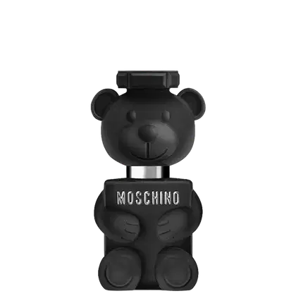 Perfume em design de boneco pelúcia preto com logotipo Moschino, em formato de urso, com detalhes em preto fosco e brilhante.