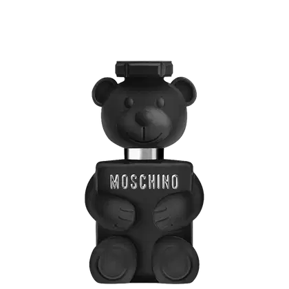 Perfume em design de boneco pelúcia preto com logotipo Moschino, em formato de urso, com detalhes em preto fosco e brilhante.