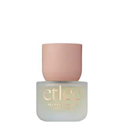 Frasco de perfume Etleé French Vanilla, com embalagem em tons de cinza e rosa claro. O rótulo destaca o nome da marca em letras douradas.
