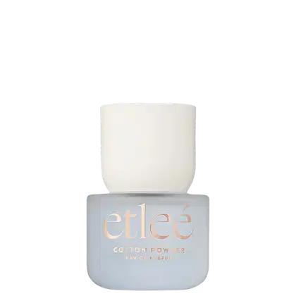 Frasco de perfume Etleé Cotton Powder com design minimalista em tons de cinza e branco, exibindo o nome da marca em destaque com letras douradas