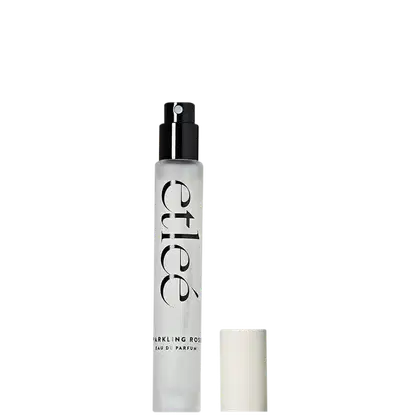 Frasco de perfume Etleé Sparkling Rose, com embalagem transparente e borrifador preto