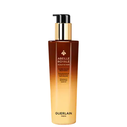 Frasco de leave-in Abeille Royale da Guerlain, com embalagem em tons de marrom e dourado, contendo um produto para cuidados com o couro cabeludo e cabelos.