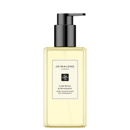 Frasco do Sabonete Líquido Body & Hand Wash Jo Malone London, na fragrância Lime Basil & Mandarin, com embalagem transparente e rótulo com o nome da marca.
