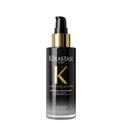 Frasco de sérum para cabelos Kérastase Chronologiste Overnight Youth Serum, com embalagem preta e dourada, contendo 90 ml do produto.