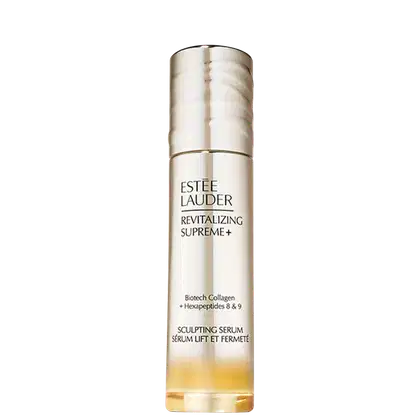 Frasco cilíndrico dourado da linha Revitalizing Supreme+ da Estée Lauder, contendo um sérum de colágeno e hexapeptídeos para esculpir e firmar a pele.