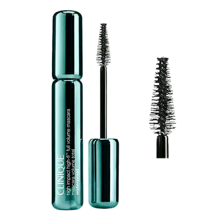 Frasco de máscara de cílio Clinique High-Impact Curling Mascara em embalagem preta e verde, com escova de cerdas para alongamento e definição dos cílios.