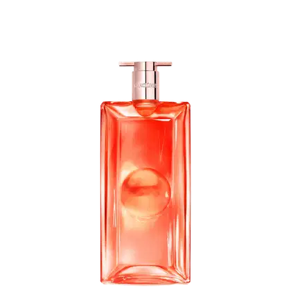 Frasco de perfume da marca Lancôme, com formato retangular e tampa rosada, em cor laranja vibrante.