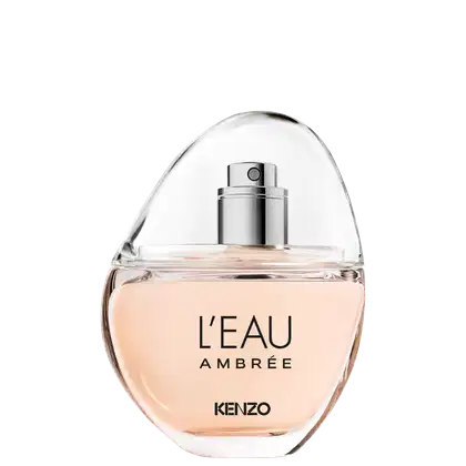 Frasco de perfume Kenzo L'eau Ambree, com design elegante e minimalista em tons claros. O rótulo destaca o nome da fragrância em letras pretas sobre fundo claro.
