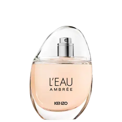 Frasco de perfume Kenzo L'eau Ambree, com design elegante e minimalista em tons claros. O rótulo destaca o nome da fragrância em letras pretas sobre fundo claro.