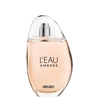 Frasco de perfume Kenzo L'eau Ambree, com design elegante e minimalista em tons claros. O rótulo destaca o nome da fragrância em letras pretas sobre fundo claro.
