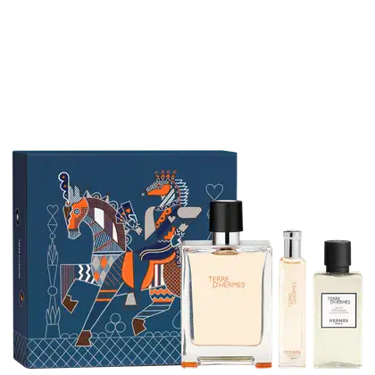 Conjunto de produtos da marca Hermès, incluindo um frasco de perfume Terre d'Hermès, loção pós-barba e travel size, com embalagem decorativa em tons de azul e laranja com ilustrações gráficas.