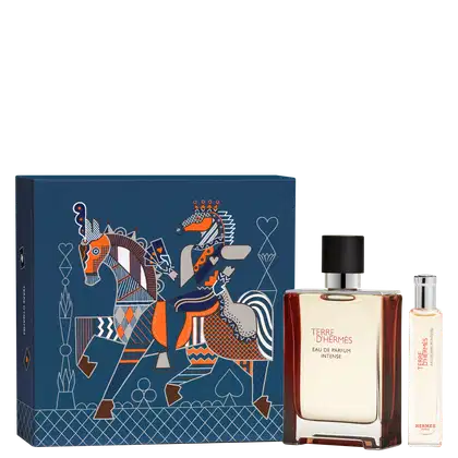 Caixa azul-marinho com ilustração gráfica colorida e frascos de perfume Terre d'Hermès Eau de Parfum Intense, com embalagem e rótulos característicos da marca Hermès.