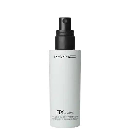 Frasco branco e preto da linha Fix+ Matte da M·A·C, um spray fixador de maquiagem sem álcool, com rótulo destacando o nome da marca e do produto.