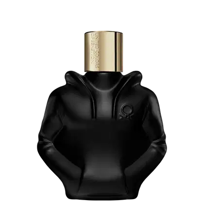 Frasco de perfume preto fosco com tampa dourada da marca United Colors of Benetton. Embalagem minimalista e elegante, com o nome da marca em destaque no topo.